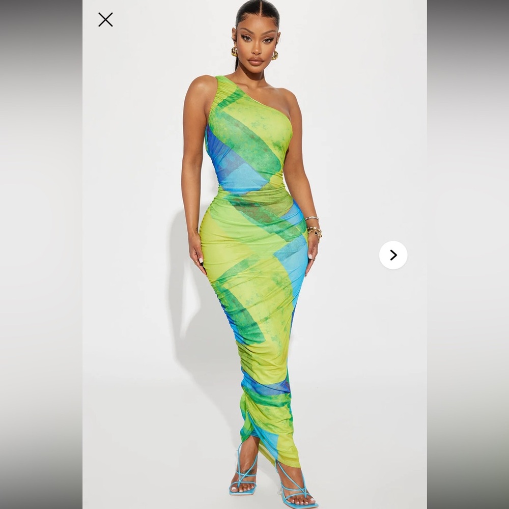 Fashion Nova NWT One Shoulder Green/Blue Dress Sheer Summer Vacation Party Chic